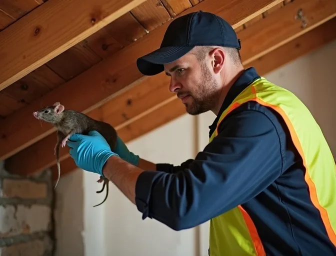 Technician inspecting a roof cavity for a dead rat in Soldiers Hill